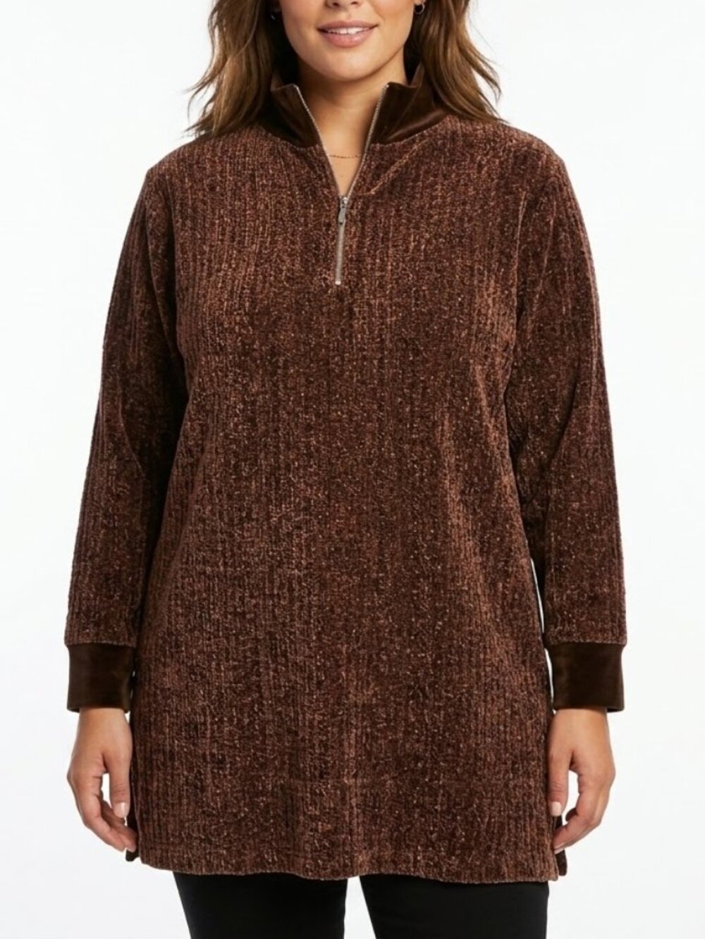 Sport Savvy Earthcore Brown Quarter Zip Chenille Ribbed Tunic Pullover Top 1X